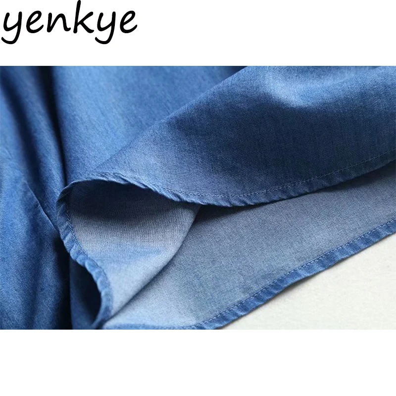 

Floral Embroidered Denim Blouse Women Lantern Sleeve Round Neck Casual Summer Plus Size Tops APWM540