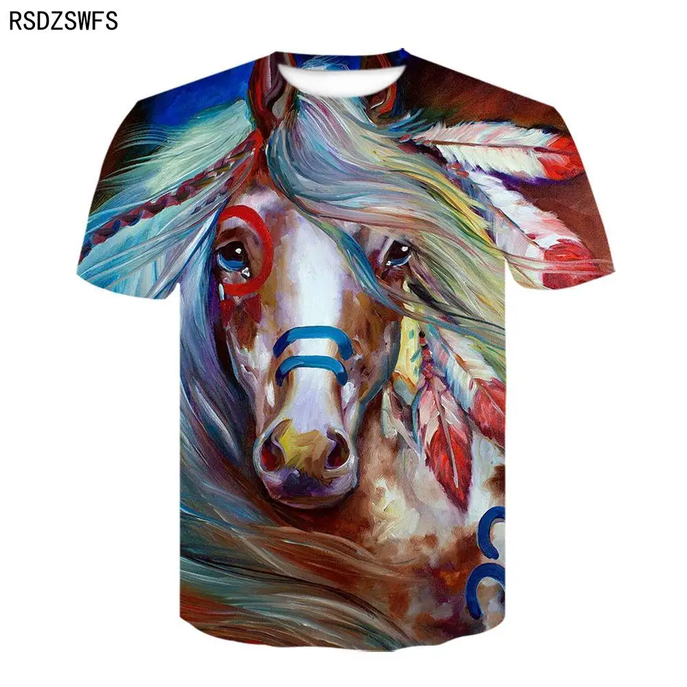 Летняя новая футболка с круглым вырезом лошадью модная 3D-принтом одежда