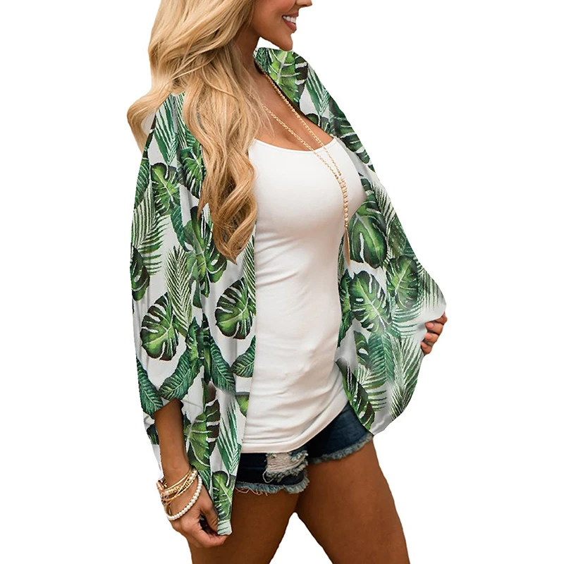 

New 2020 Green Leaf Printed Women Tops and Blouses Summer Beach Style Loose Chiffon Half Sleeve Blusas Mujer de Moda Plus Size