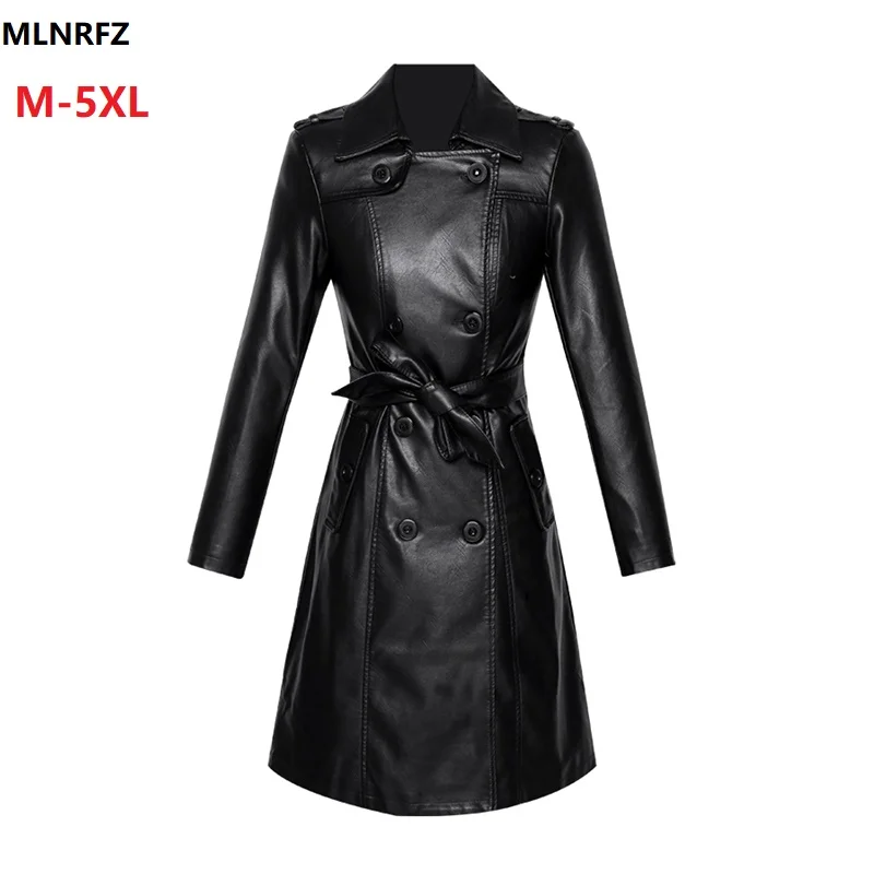 2022 Spring Autumn New Women Leather Trench Female Real Leather Coat High Street Sashes Slim Long Leather Clothing Plus Size 5XL