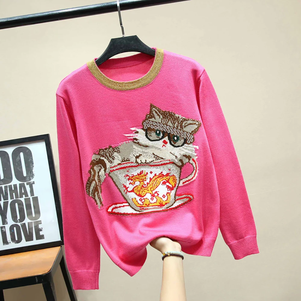 

Spring Autumn Embroidery Cartoon Cat Knitted Pullovers Women Fashion Long Sleeve O-Neck Tops Red S-L Slim Sweater Woman