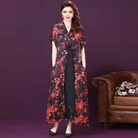 2021 european loose style women plus size robes dress korean imitation silk vintage print v neck middle aged mum dresses