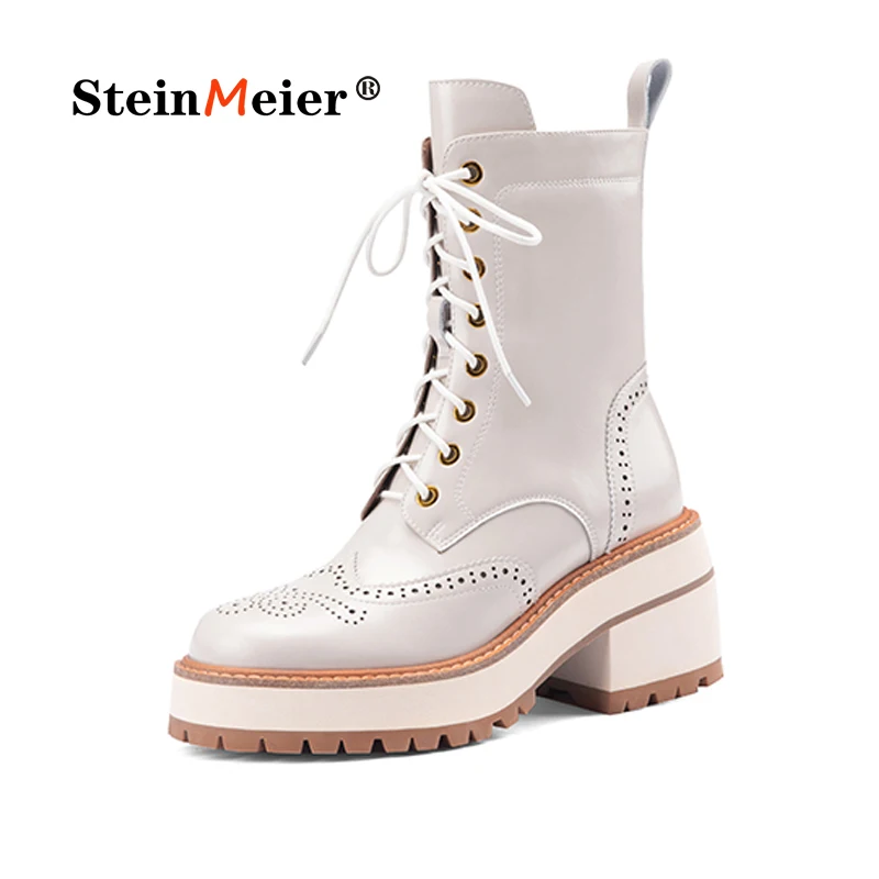 

Ankle Boots Women Genuine Cow Leather Retro Fashion Zipper Laces Lady Motorcycle Shoes High Heels Handmade Winter Shoes