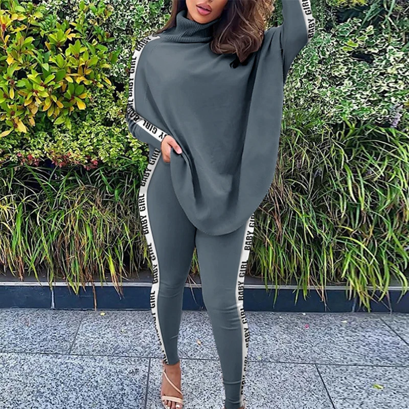 

Fashion Two Piece Set Women Tracksuit Elegant Turtleneck Batwing Sleeve Tops And Long Pant Autumn Leopard Patchwork Printed Suit