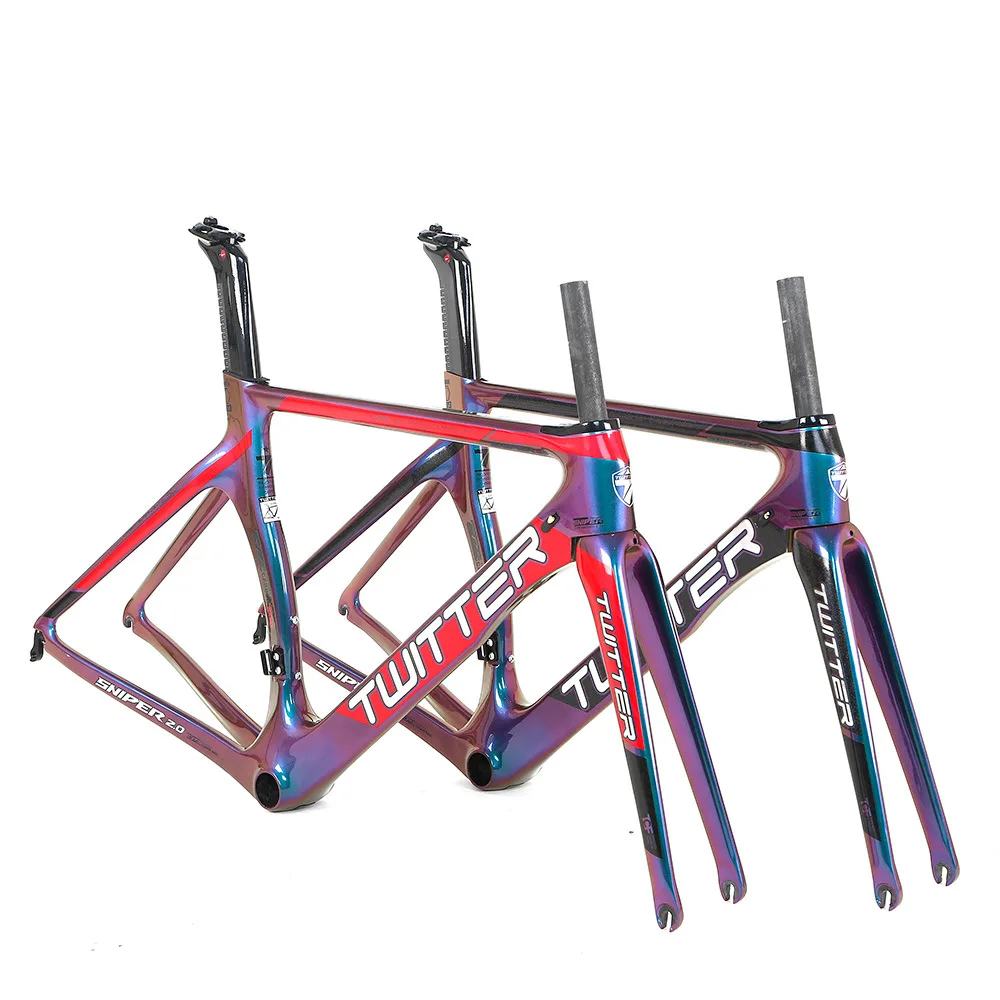 

TWITTER Carbon Fiber Road Bike Frame Fit 700C Wheel 42*52 Conical Headset BB92 Wire Inside Brake UV Laser Colorful Reflector