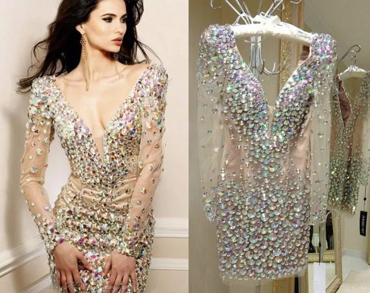 

Real Image Sparkly Rhinestone Cocktail Dresses Deep V Neck Sexy Party Dress Long Sleeves Vestidos De Festa Short Prom Gowns