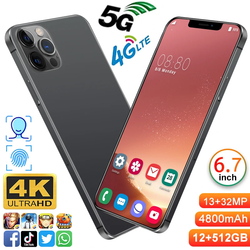 

Newest Smartphone i12 PRO MAX Unlocking 4K HD Screen Global Version 4800mAh Battery 8GB RAM 256GB ROM 4G LTE 5G Mobile Phone
