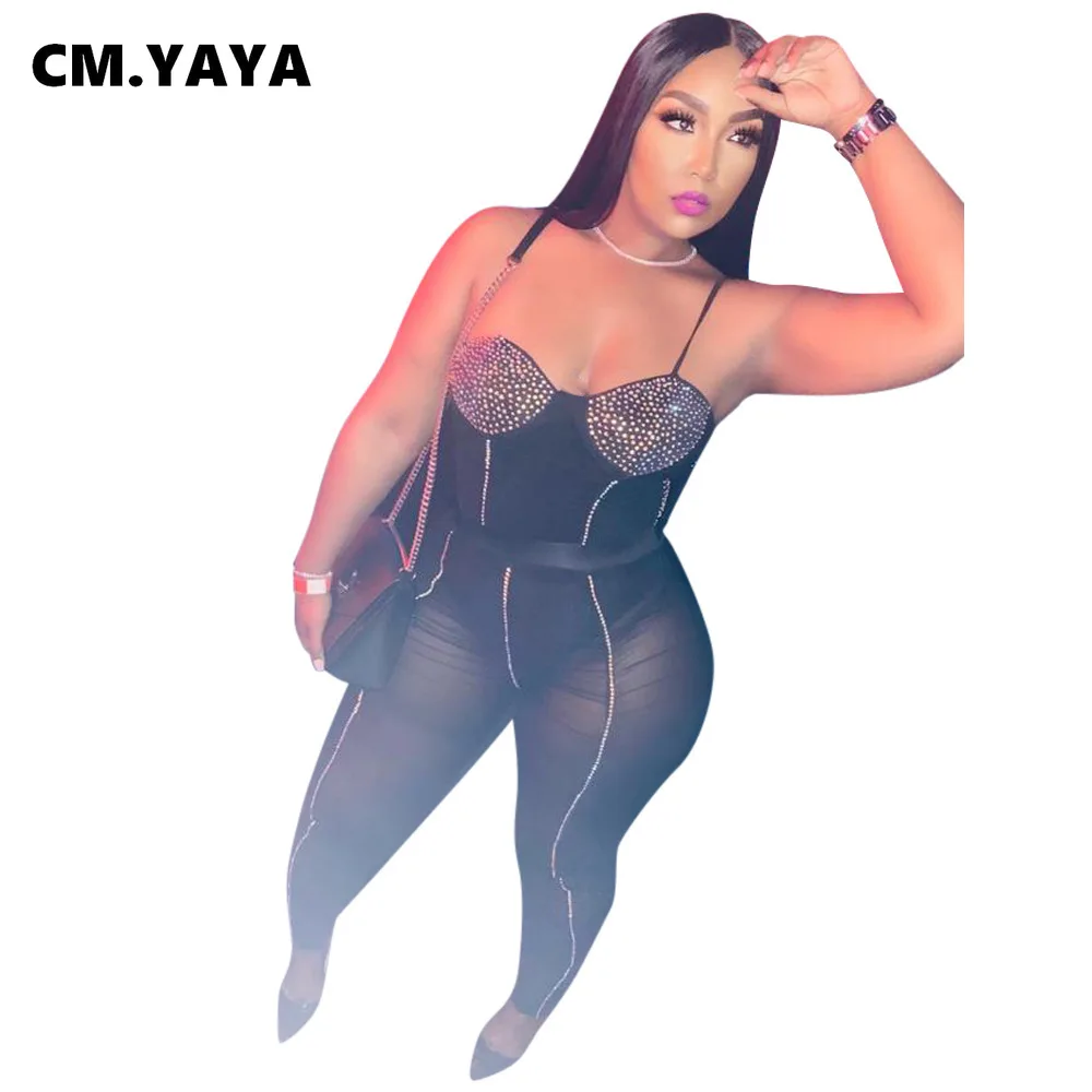 

Женский сетчатый костюм CM.YAYA большого размера, прозрачное Боди без рукавов с бриллиантами на бретельках, брюки-карандаш, комплект из двух пр...