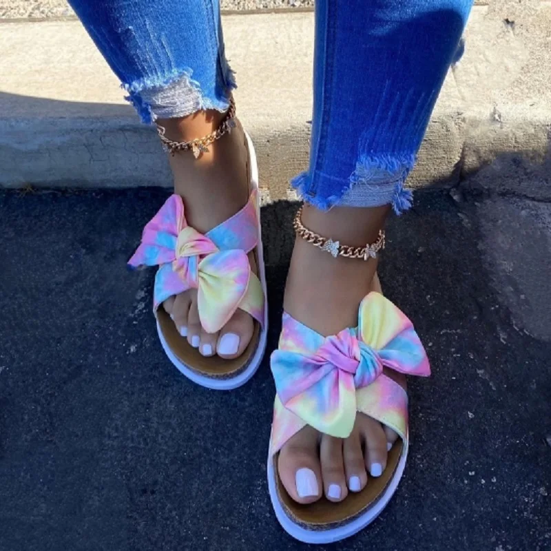 

New Summer Women Slippers Leopard Rainbow Color Lovely Bow-tie Slippers Open Round Toe Flats Beach Slides Shoes Sandal