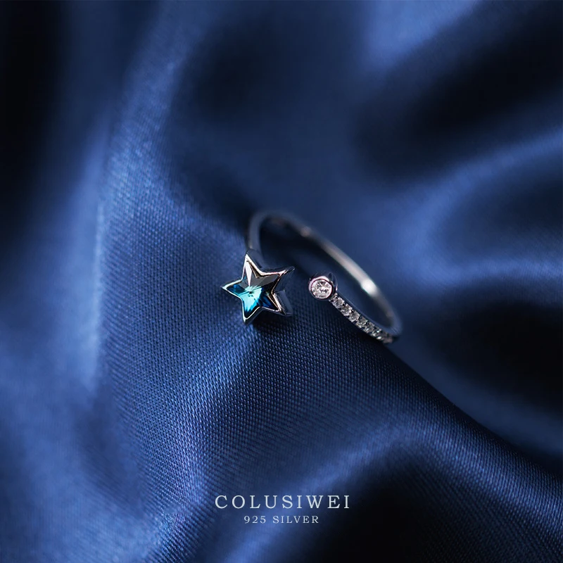 

COLUSIWEI Shining Stars Blue Zircon Ring for Women Genuine 925 Sterling Silver Open Adjustable Rings Finger Fashion Jewelry
