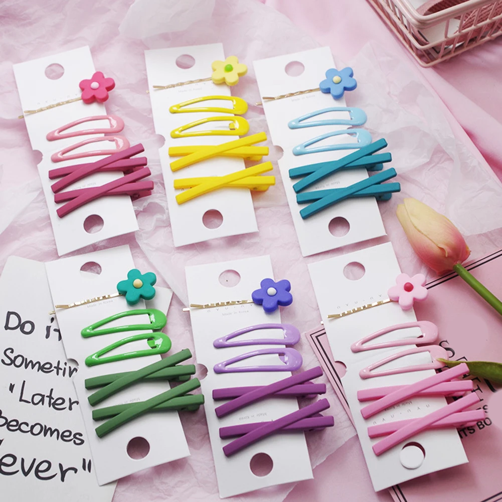 5PCS/Set Hairpins Flower Hair Clip Chic Candy Color Barrette Hairpins Geometric Hairgrip Girls Fashion Pink Yellow Headwear Hot (0)
