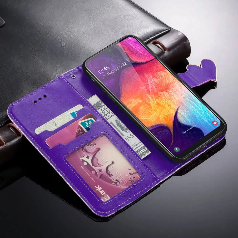 Кожаный чехол книжка с бриллиантами и сердечками для Samsung Galaxy A50 A70 A10 A20 A30 A40 A7 A5 A6