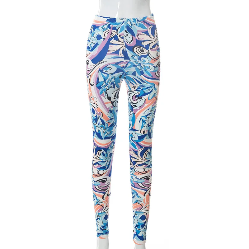

Green Colourful Printed Skinny Pencil Pants Women Summer High Waist Slim Jogger Pants Blue Street Fashion Casual Sport Trousers