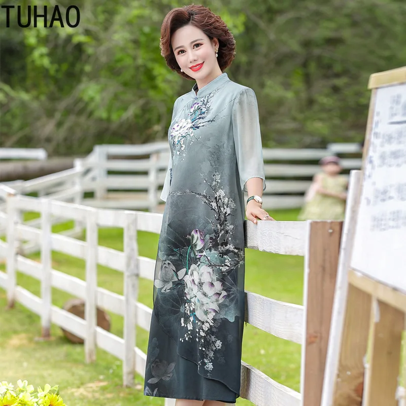 

TUHAO Mother Mom Women Vintage Dress Plus Size 4XL 3XL National Style Chiffon Dresses Retro Knee Dress Large Size Summer WM124