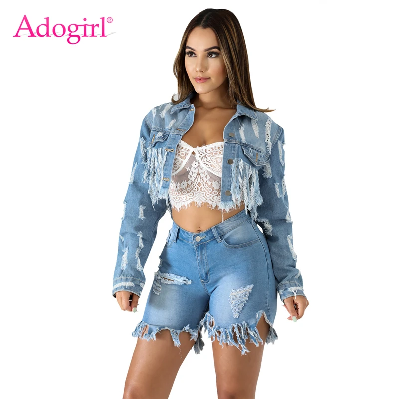 Женская короткая джинсовая куртка Adogirl рваный короткий топ на пуговицах с