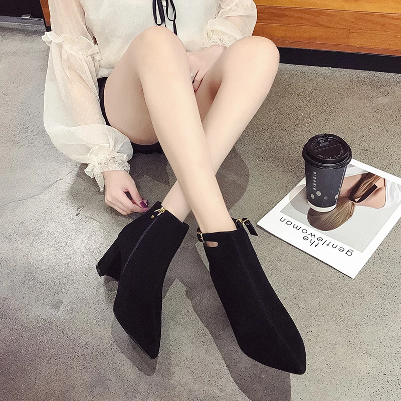 Женские ботильоны из замши на Высоком толстом каблуке черные ботинки-гладиаторы