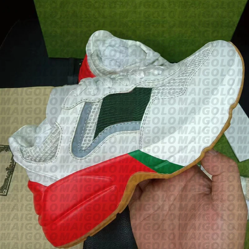 

Top Men Casual Shoes Rhyton Real Leather Red Green Stripe Sport Brand Designer Sneaker Women With Original Box Size 35-46