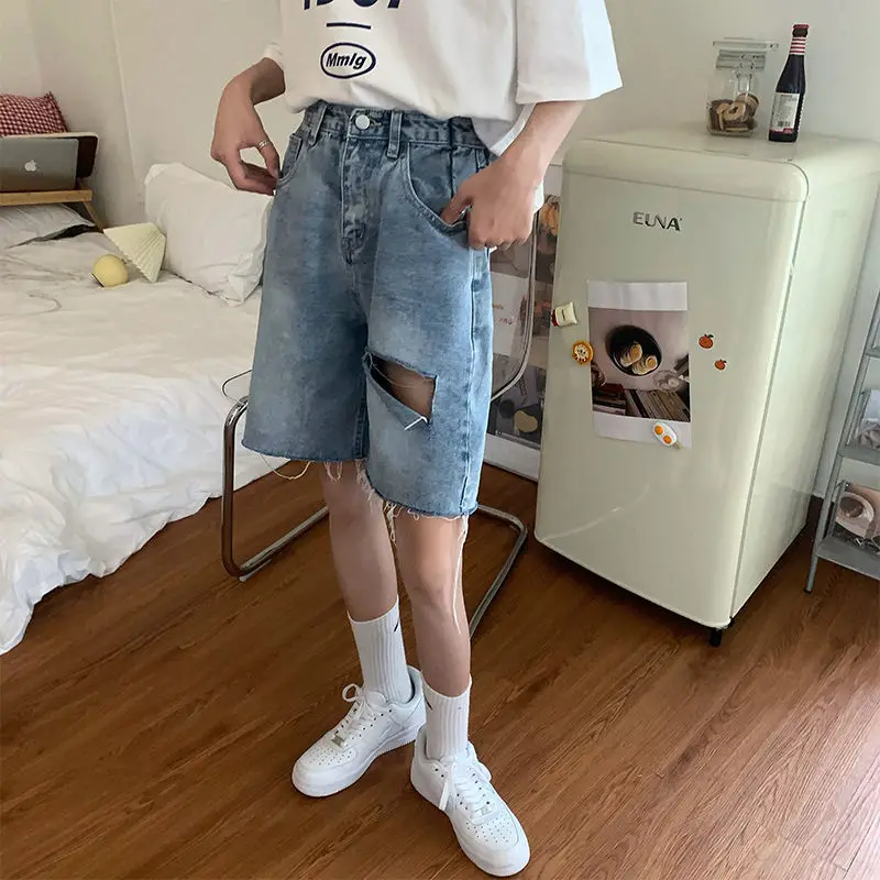 

Bottoms Women's pants Five point jeans women's summer show thin holes straight pants loose Wide Leg Jeans
