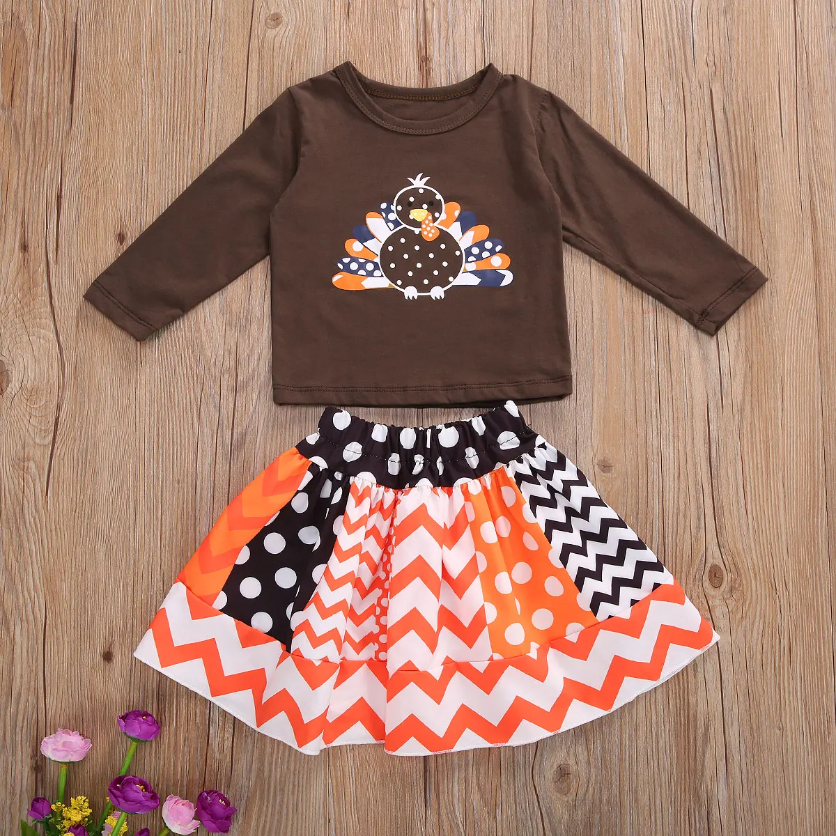 

2 Pieces Baby Girls Suit Set Floral Print Round Neck long Sleeve T-Shirt +Skirt Thanksgiving Day Outfits