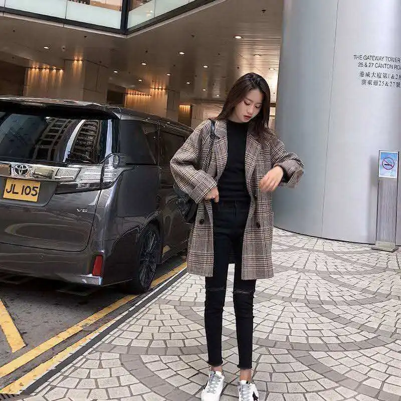 

2020 Women Autumn Winter Loose Plaid Long Wool Coat Jacket Overcoat Cardigan Outwear with Pockets Double Breasted