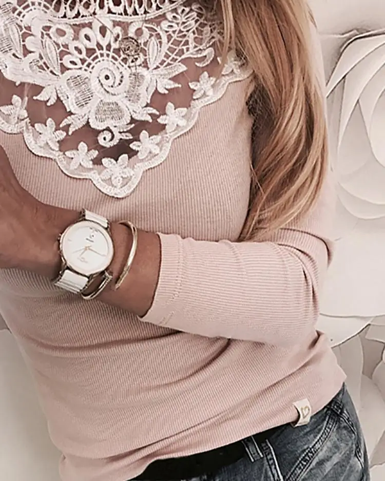 

Ninimour Women Elegant Fashion Appliqued Patchwork Casual T-Shirt Ladies Long Sleeve Workwear Basic Pullovers