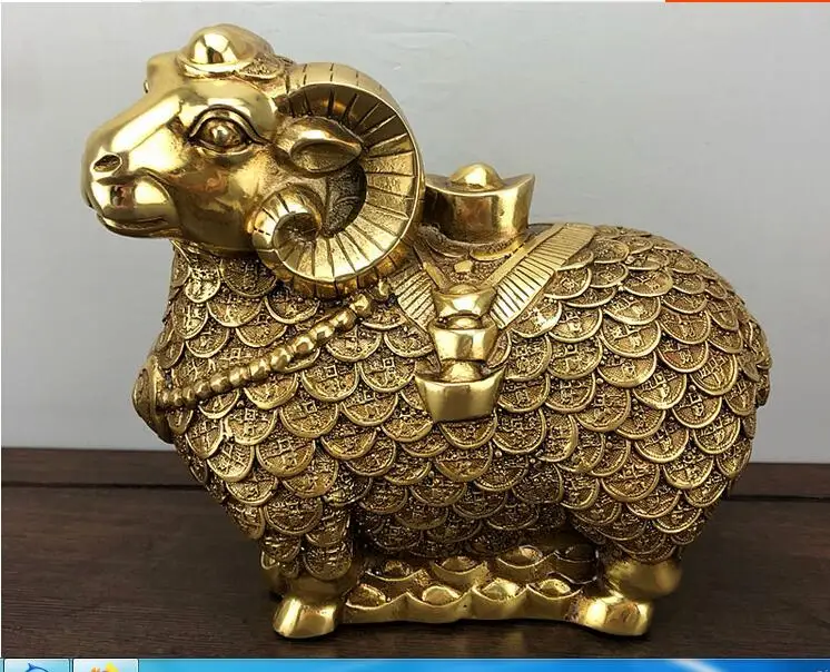 Metal crafts Home Decoration 1 Pair Of Chinese brass Carved Coin sheep Sculpture Feng Shui Goats Statue |