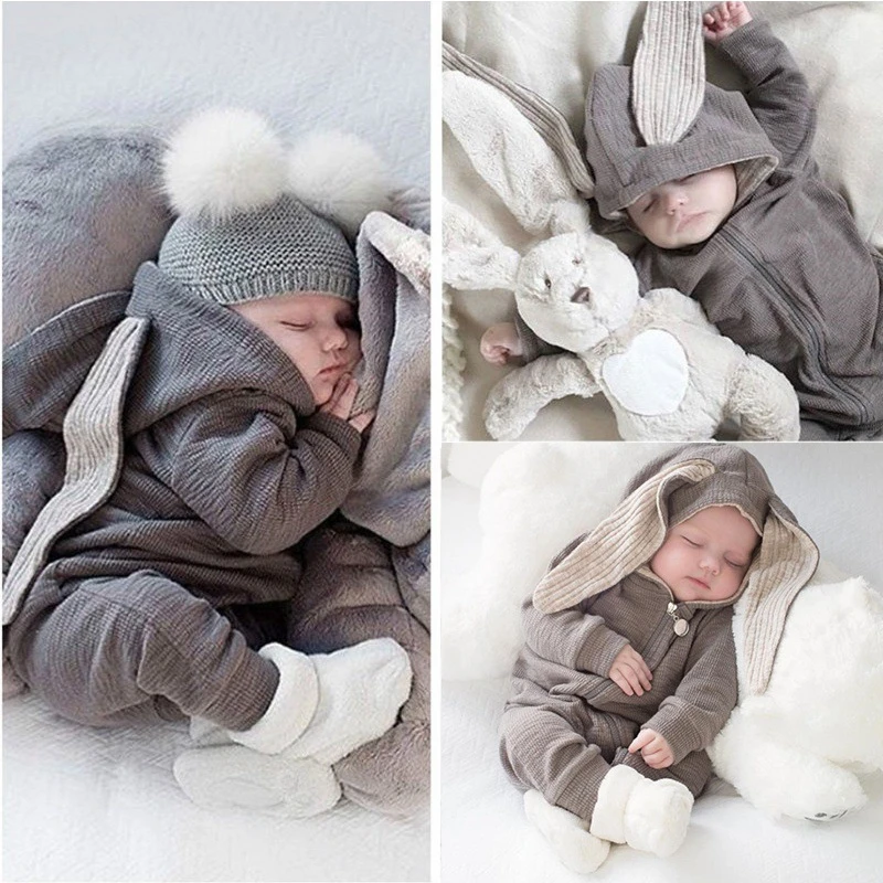 

Baby Autumn Winter Clothing Newborn Baby Boy Girl 3D Bunny Ears Romper Long Sleeve Clothes Rabbit Overall Zip Warm Jumpsuit