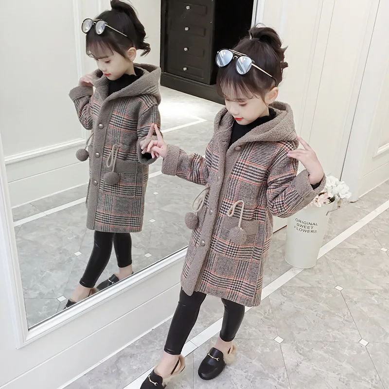 Khaki w velvet Вельветовые толстые зимние хлопковые длинные куртки для девочек Детская верхняя одежда детское повседневное клетчатое шерстяное пальто с отложным воротником - Цвет: Khaki w velvet