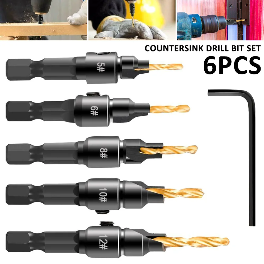 

5pcs Countersink Drill Woodworking Drill Bit Set Drilling Pilot Holes For Screw Sizes #5 #6 #8 #10 #12 W/ 1/4" Hex Shank Wrench