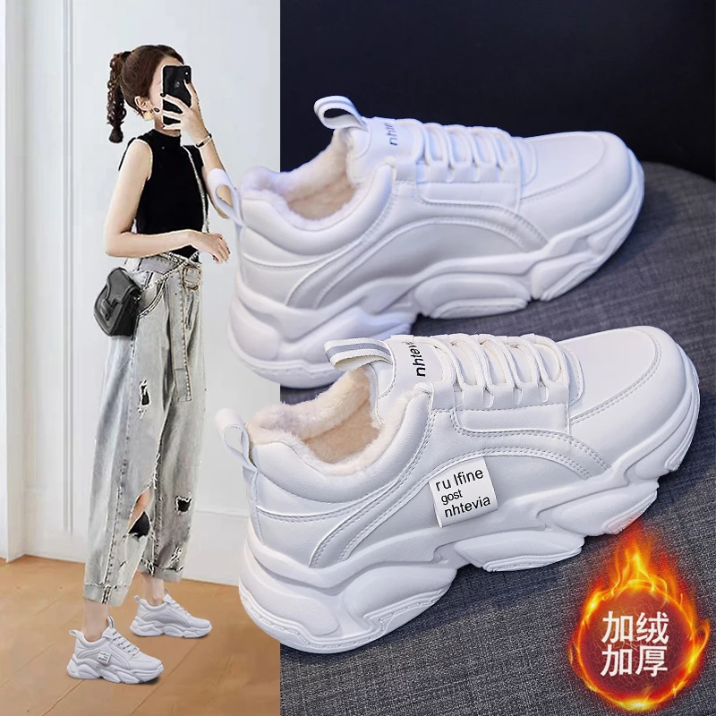 

Platform Sneakers Women 2021 New Winter Shoes Woman black Sneakers Students Casual Shoes Plush Warm Autumn Dad Shoes Fur