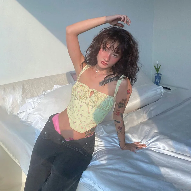 

European and American style 2021 summer new women's suspenders, one-way neck fashion street style sexy slim printed vest