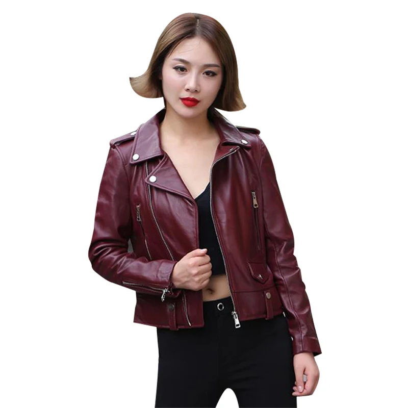 

Pop Arrival Women Genuine Leather Jacket Sheepskin Red Wine Color Slim Locomotive Jacket