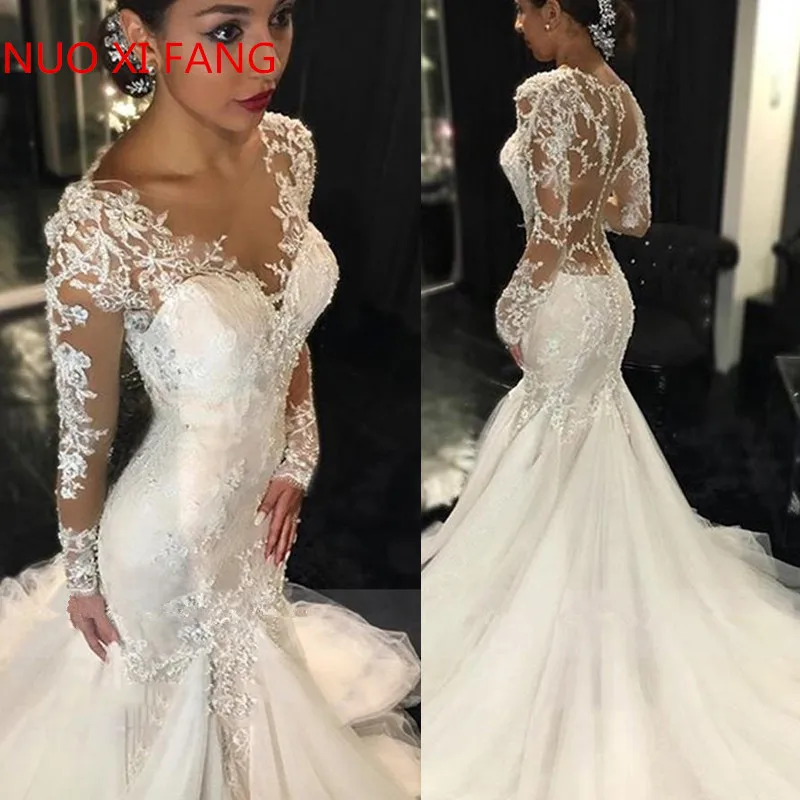 

Свадебное платье русалки NUOXIFANG 2020, платье невесты с глубоким вырезом, кружевное с аппликацией свадебное платье с длинными рукавами для неве...