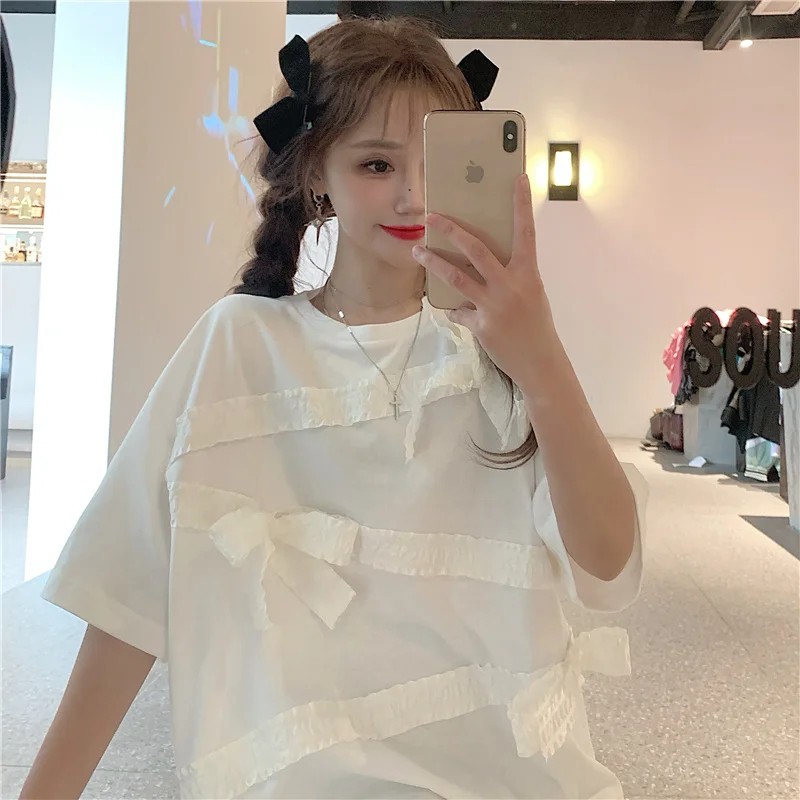 

Summer 2021 Bowknot T Shirts for Women Loose Round Neck Tshirt Short-sleeved Ruffled Short-sleeved T-shirt Women