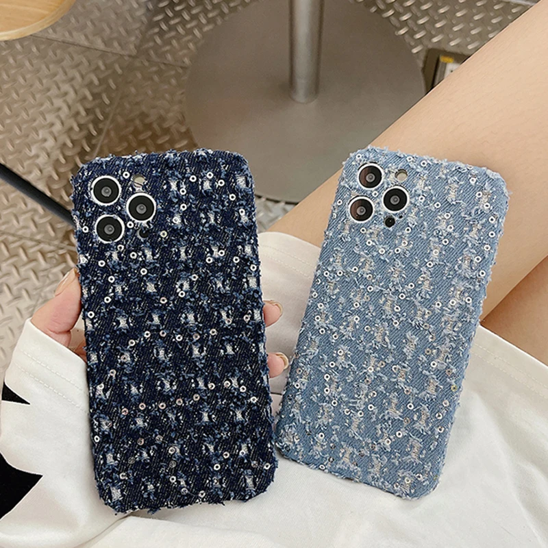 Чехол для телефона Bling Sequins Denim Fabric Soft для iPhone 13 12 11 Pro Max X XR XS 7 8 Plus с разорванным джинсовым задним покрытием.