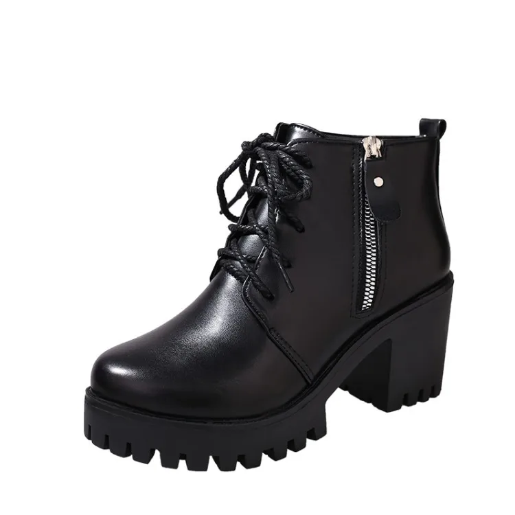 

2020 New Hot High-heeled Thick-soled College Style Women's Singles Shoes Round Toe Thick With Solid Color Lace-up Women's Shoes