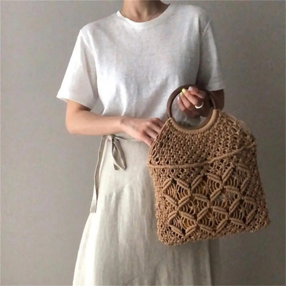 Женская Соломенная пляжная сумка из ротанга с хлопковой веревкой без подкладки