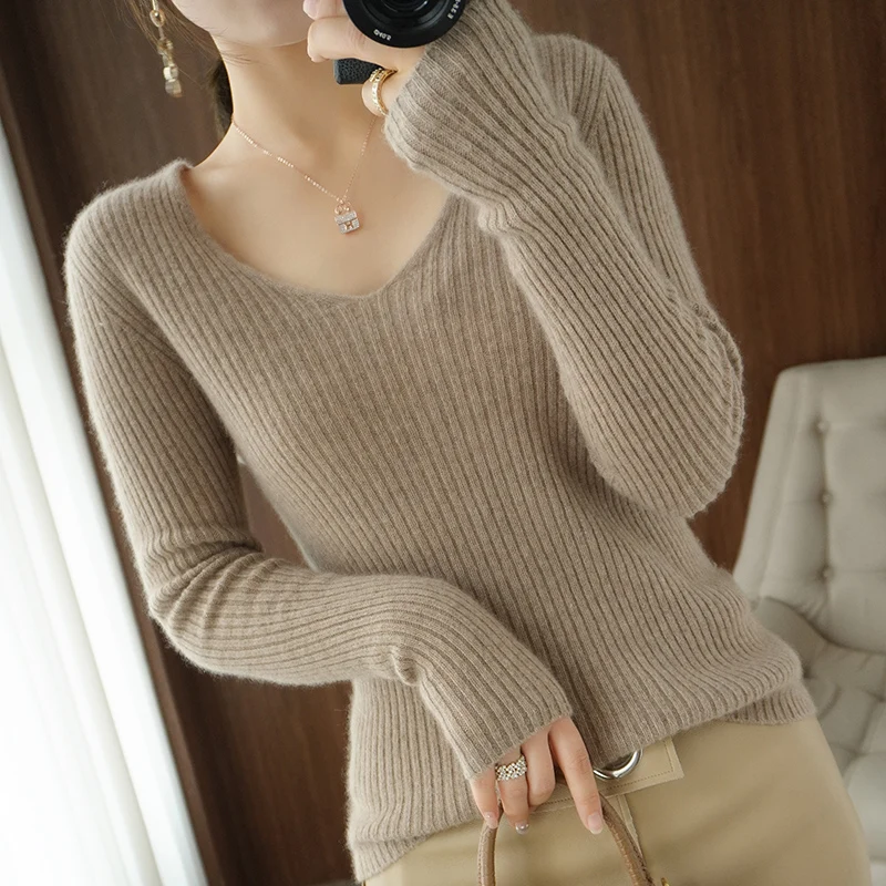 

Осенне-зимний кашемировый свитер с V-образным вырезом, женский пуловер из 100% чистой шерсти, вязаная рубашка с длинными рукавами, верхняя час...