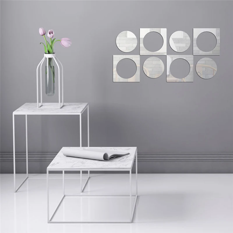 8PCS Removable Silver Square Circle Mirror Wall Stickers for Living Room Background Decor Decals Wallpaper Mural Home | Дом и сад