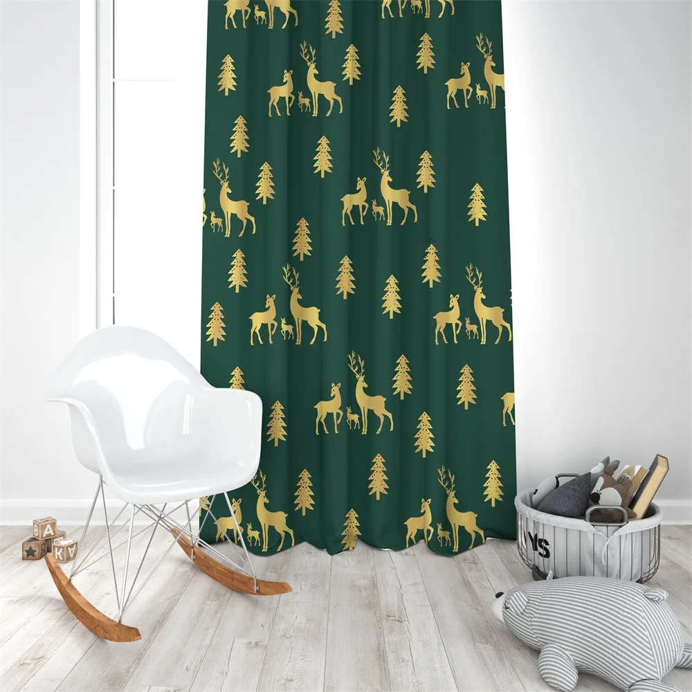 

Digital printing fashion Nordic green golden elk curtain Bedroom small window curtain customize living room shading curtain