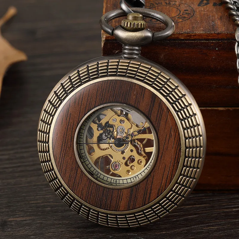 

Retro solid Wood Circle Design Mechanical Pocket Watch Men Women FOB Chain Hollow Skeleton Steampunk Men Roman Dial Clock Gifts