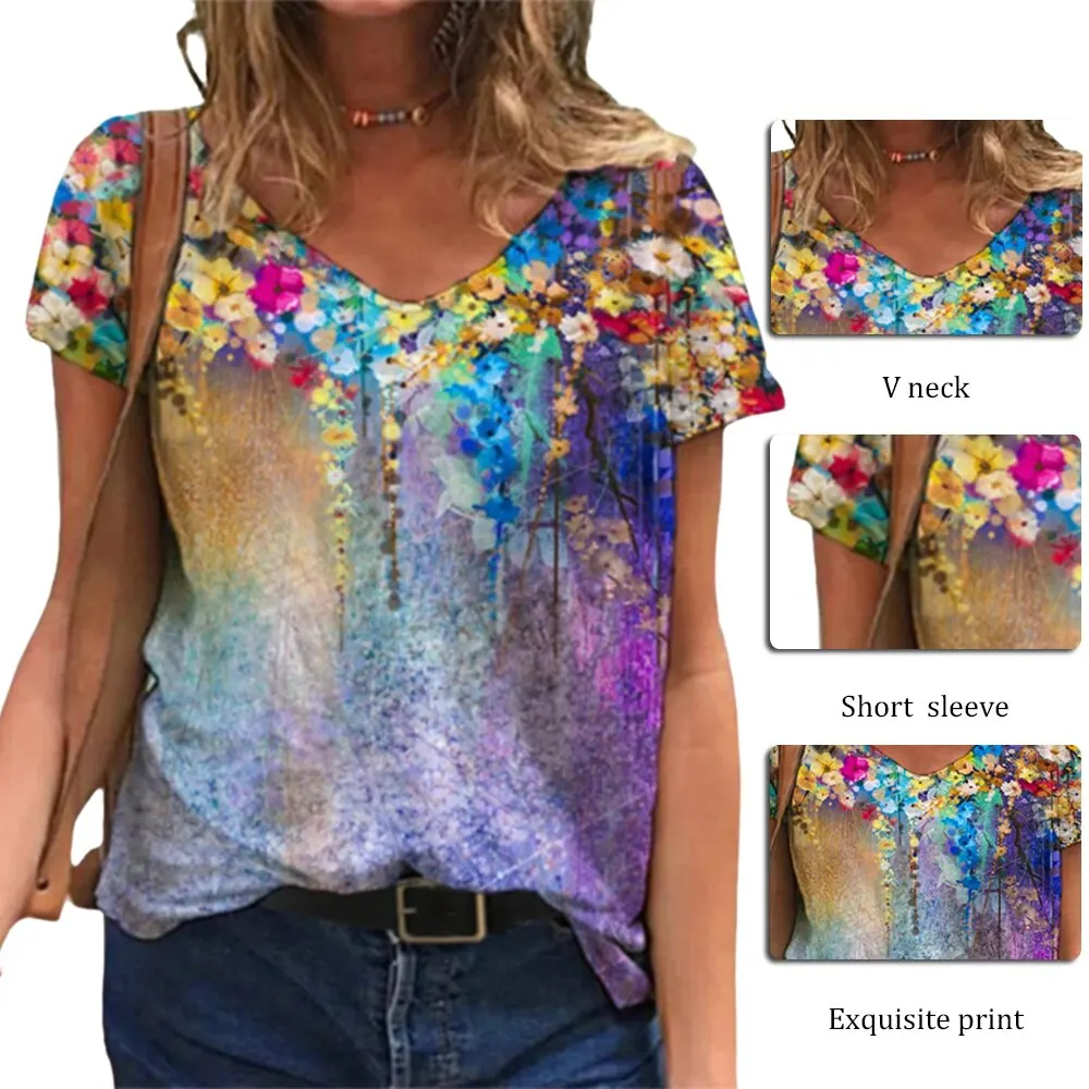 Tie Dye 3D Floral Print Women T Shirts Casual Short Sleeve Loose Plus Size Tops Fashion Street Ladies V-Neck Summer Tee 2021 New