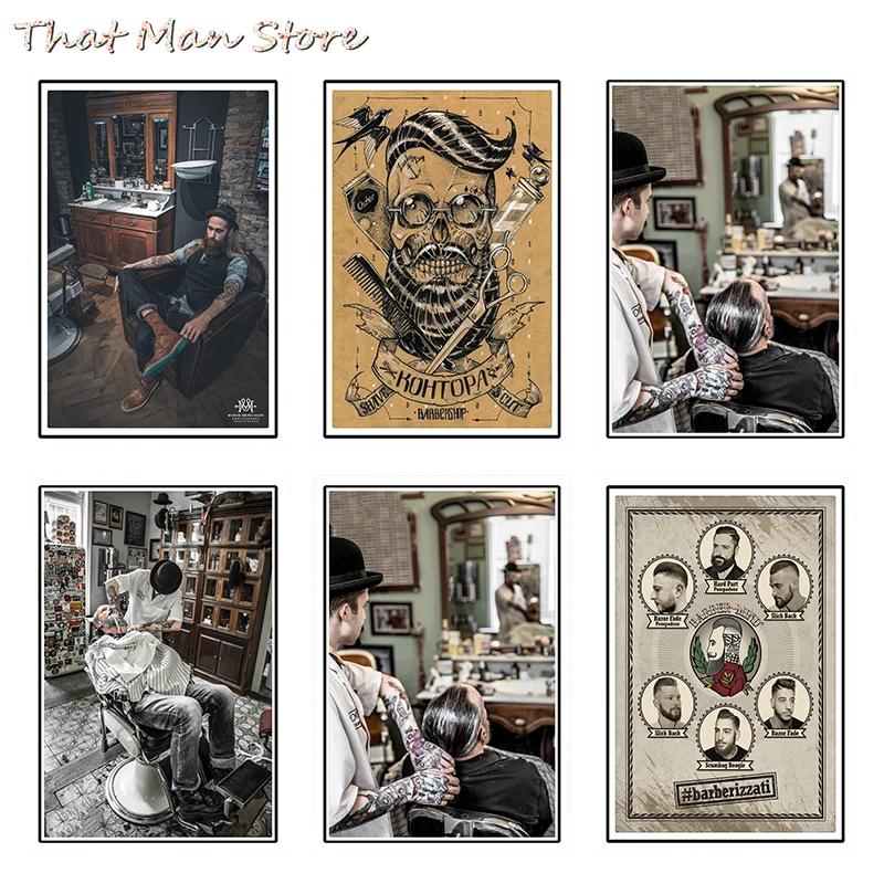 Men's hairstyle Tattoos Patterned Posters White Kraft paper Interior Painting Restoring Wall Sticker Barber Shop Decoration | Дом и сад