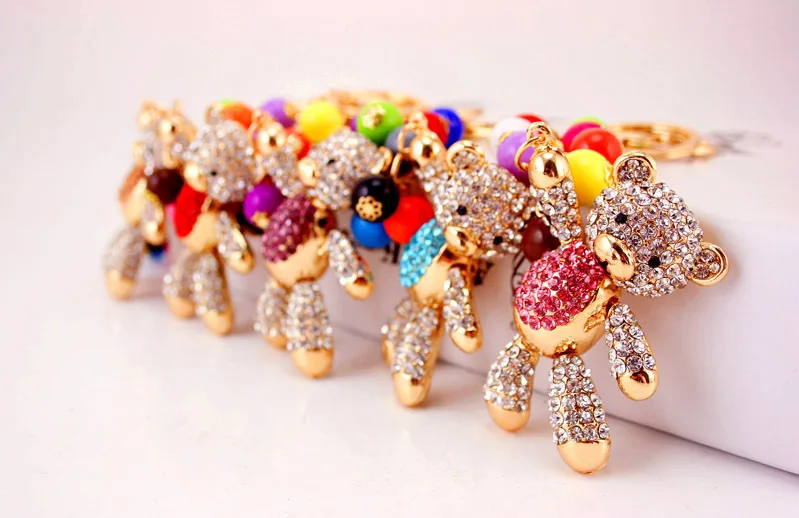 

2021 Cute Rhinestone Bear With Colorful Ball Keychain Korean Crystal Keyring Jewelry For Women Bag Accessories Wholesale