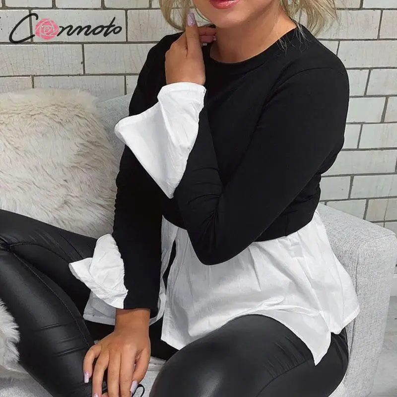 Conmoto осень-зима 2019 корейские Лоскутные рубашки Топы женские трикотажные