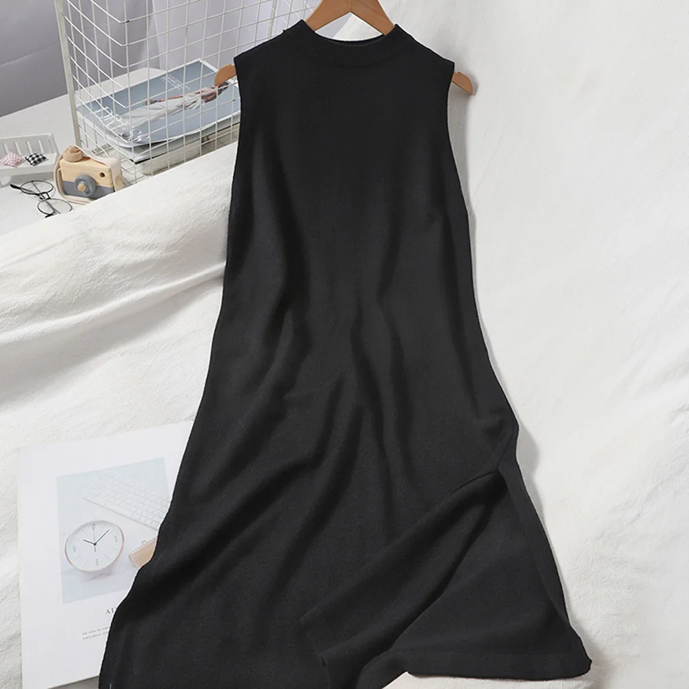 

Dress Slit Maxi Length Sleeveless Women's Fashion Pullover A-line Plain Casual Knit Dress 2021 New Korean Japanese Style