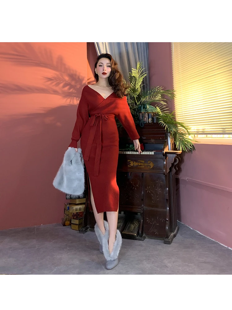 2019 Winter Super Nice Vintage Batwing Sleeve Collect Waist Wrap Hip Thick Knit Dresses V Neck Mid-Calf Long Dress Women Elastic | Женская