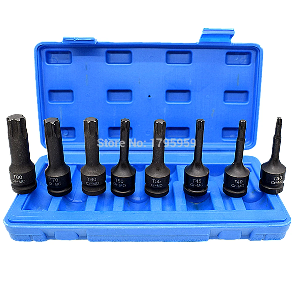 

Torx Bit Star Socket 1/2" Square Drive 8pcs Set T30 T40 T45 T50 T55 T60 T70 T80 CR-MO Impact Socket Bit Tool 78mm Long with Case
