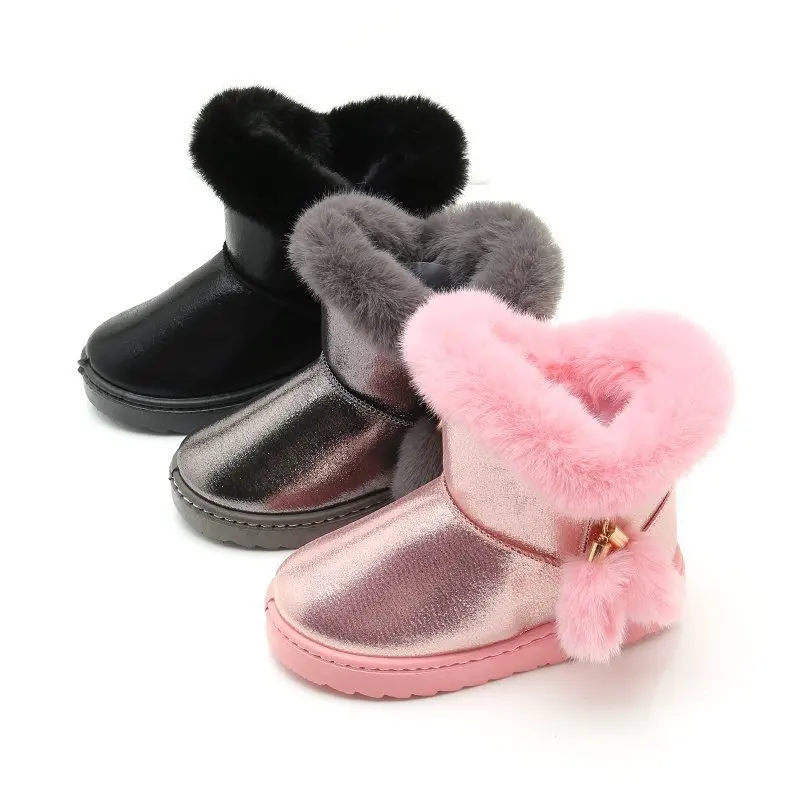 

2-12 Fashion Hairy Princess Girls Kids Shoes Children'S PU Leather Ankle Boots For Female Winter Waterproof Plush Warm Snow Baby