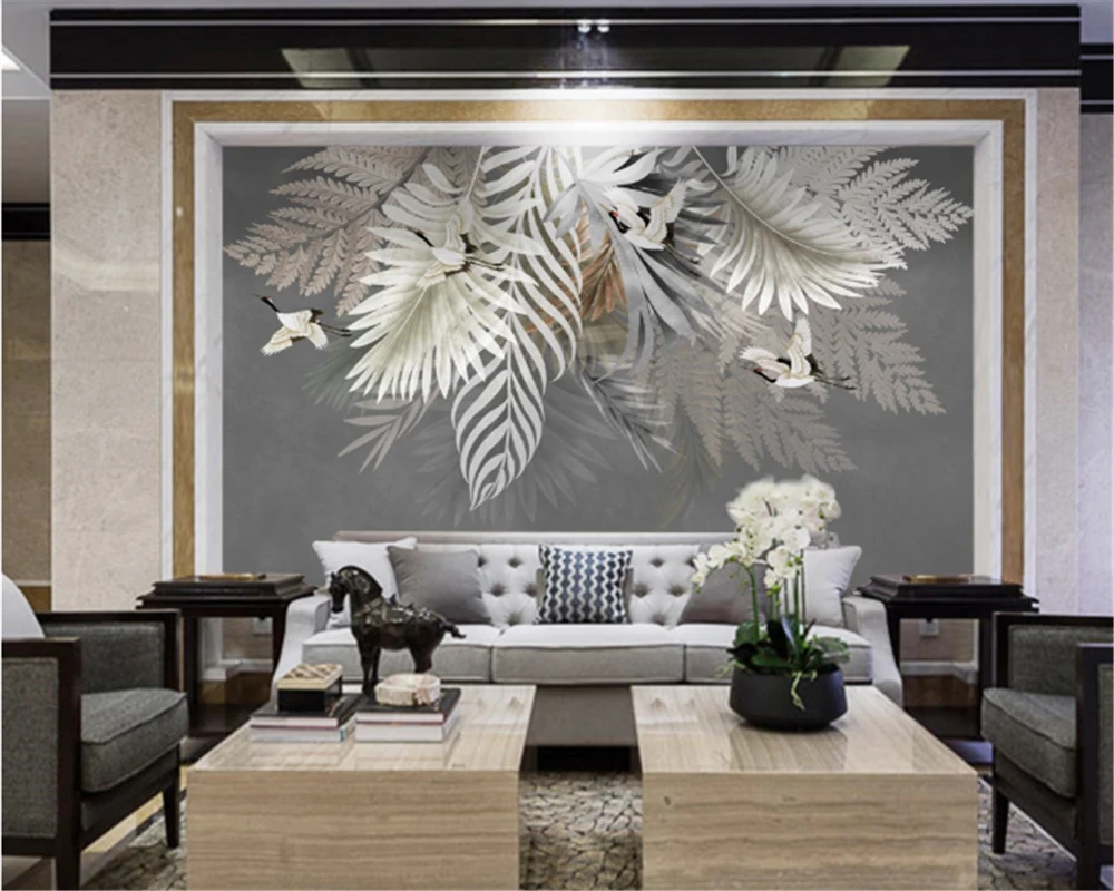

beibehang Custom Wallpaper Living Room Background Hand-painted Nordic Leaf Crane Art Wall Cloth Home Decoration Mural Wallpaper